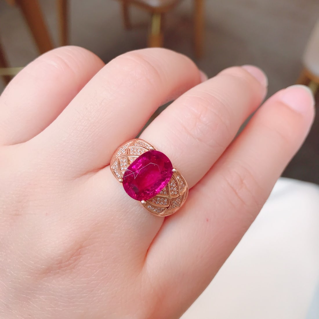 18K Gold Rubellite Tourmaline Ring with Diamonds, Total 6.31g, 5.45ct Rubellite - 6