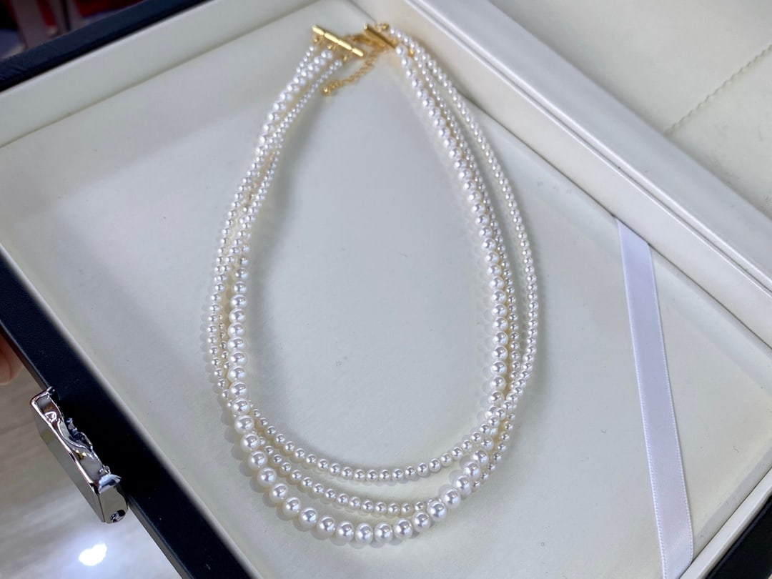Three-Layer Natural Pearl Necklace, Large 5mm and Small 3mm Pearls - 2
