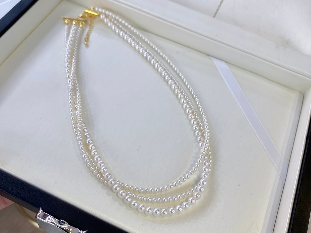 Three-Layer Natural Pearl Necklace, Large 5mm and Small 3mm Pearls - 3