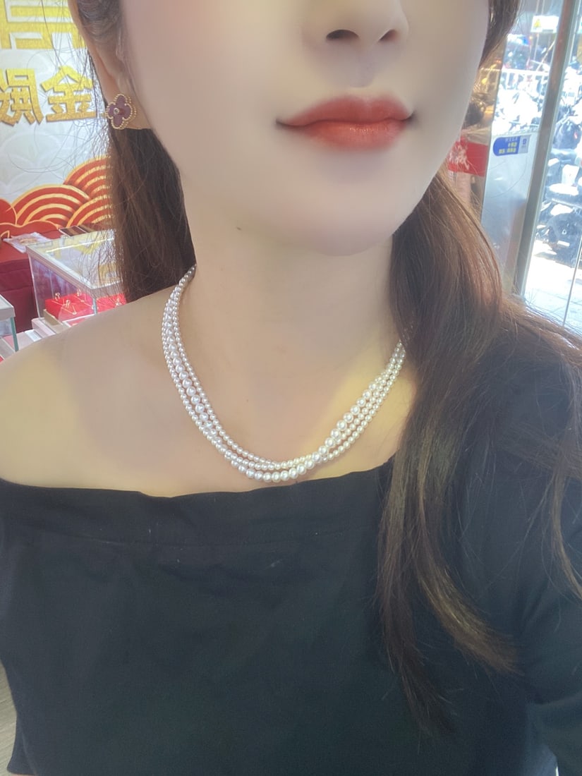 Three-Layer Natural Pearl Necklace, Large 5mm and Small 3mm Pearls - 6