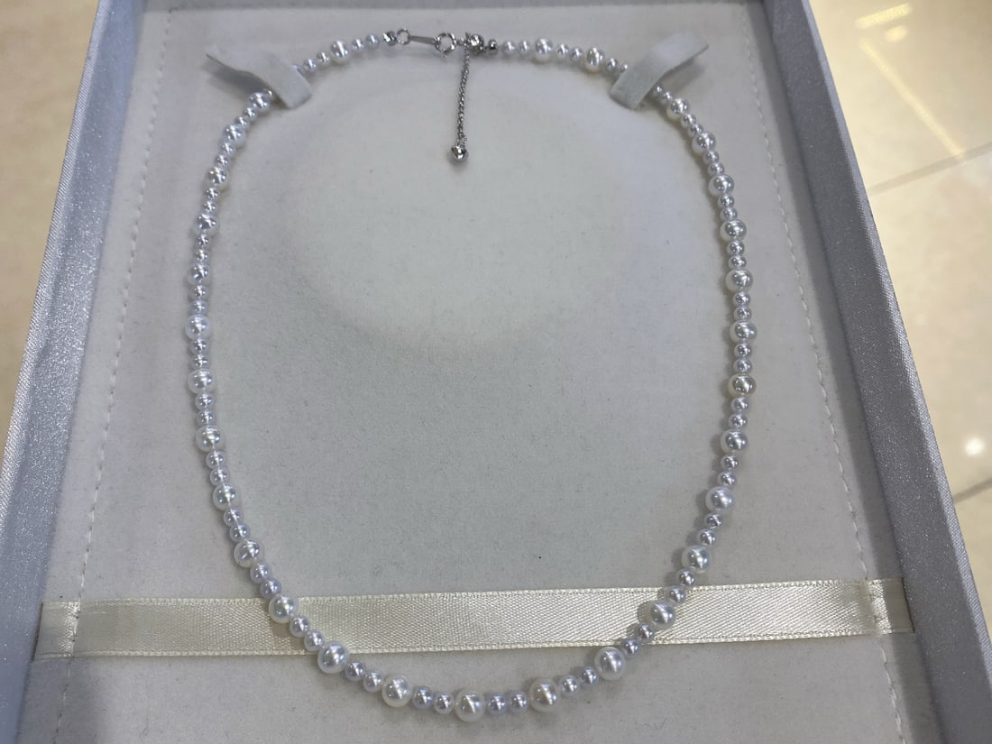 Natural Pearl Necklace, 3-6mm, Aurora Iridescent: Title: Natural Pearl Necklace, 3-6mm, Aurora Iridescent Description: Elegant natural pearl necklace featuring pearls sized 3-6mm with aurora iridescence. The pearls are clean, well-matched, and