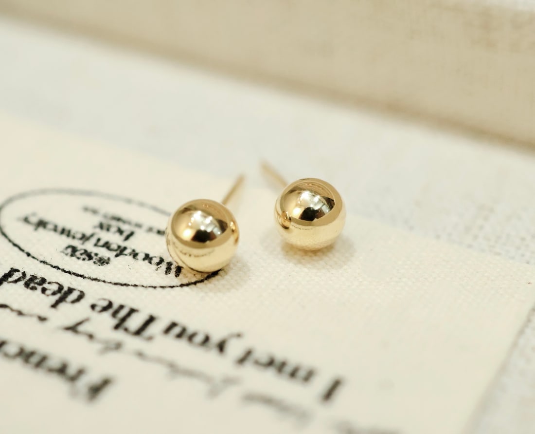 18K Gold Stud Earrings, 5mm, Drop, Bean, and Ball Designs - 2
