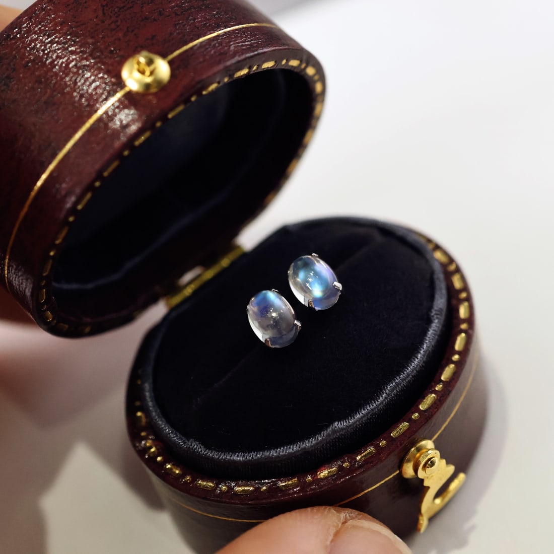 18K Gold Moonstone Stud Earrings - 2