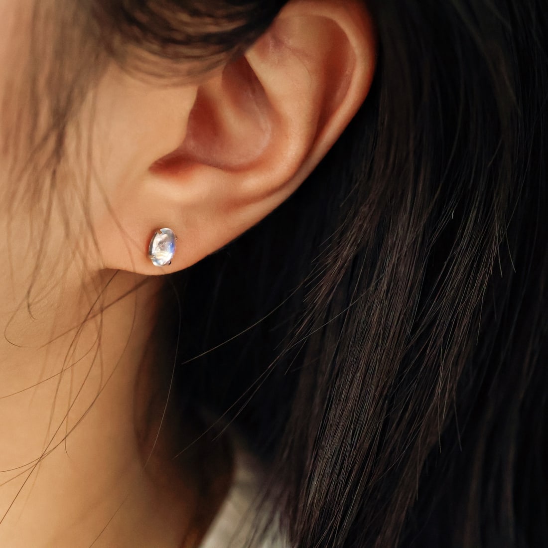 18K Gold Moonstone Stud Earrings - 5