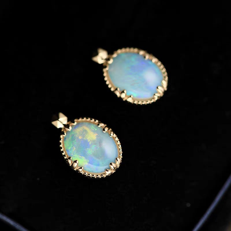18K Gold Natural Crystal Opal Stud Earrings - 2