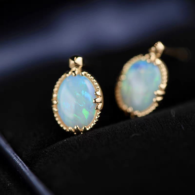 18K Gold Natural Crystal Opal Stud Earrings - 3