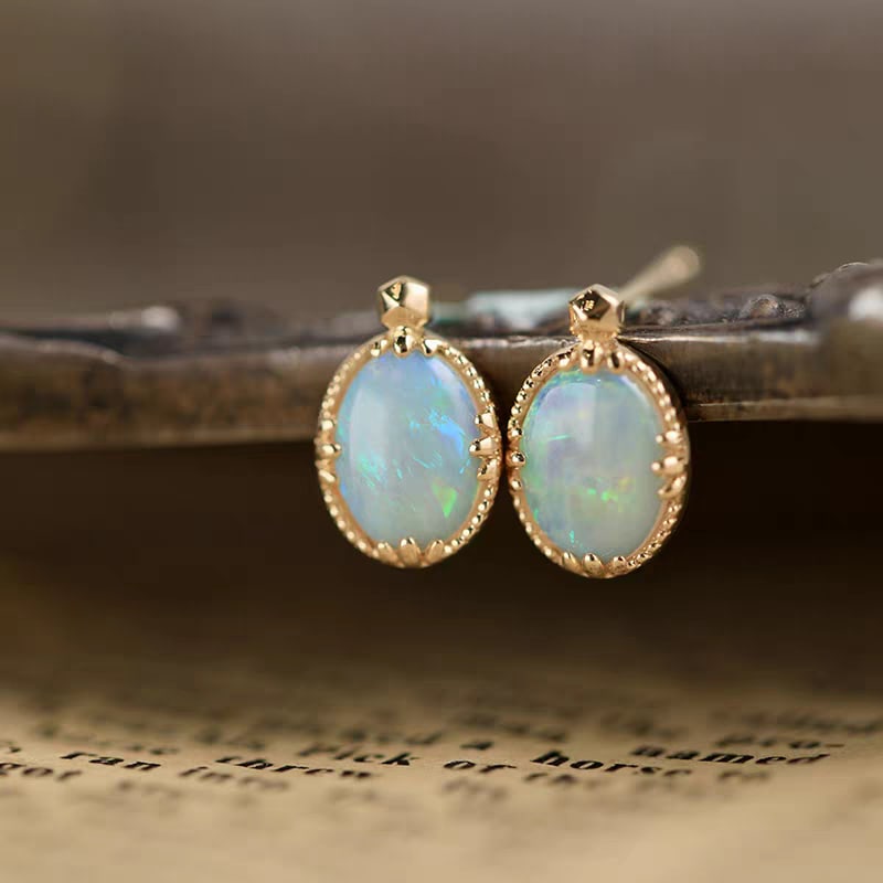 18K Gold Natural Crystal Opal Stud Earrings - 4