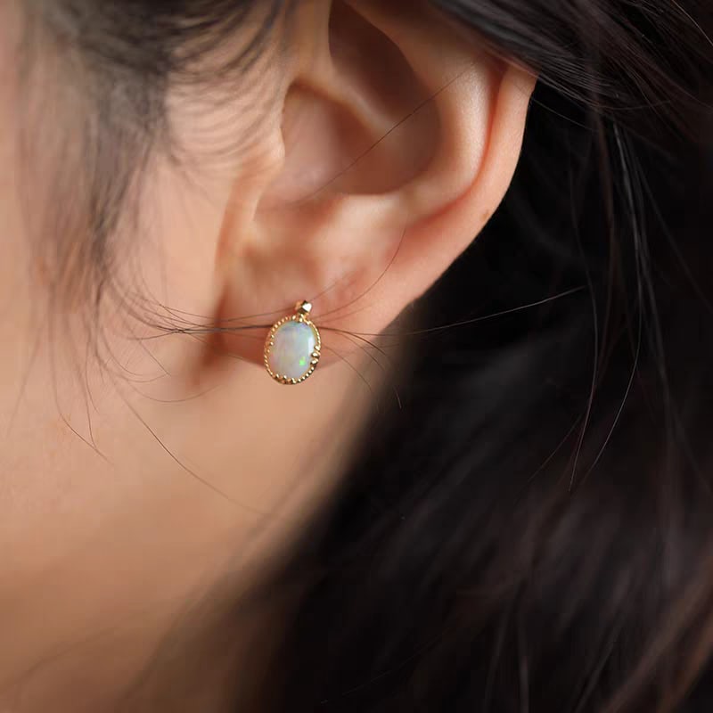 18K Gold Natural Crystal Opal Stud Earrings - 5