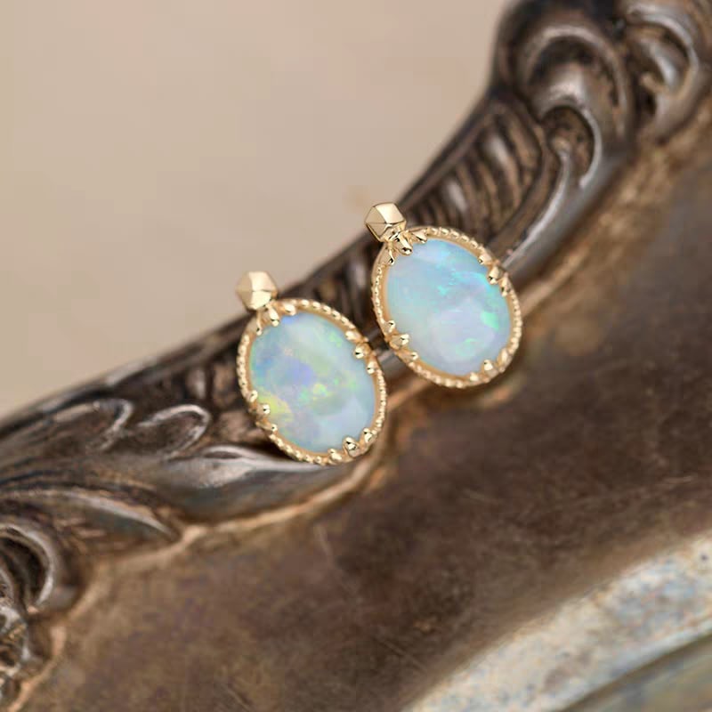 18K Gold Natural Crystal Opal Stud Earrings - 6