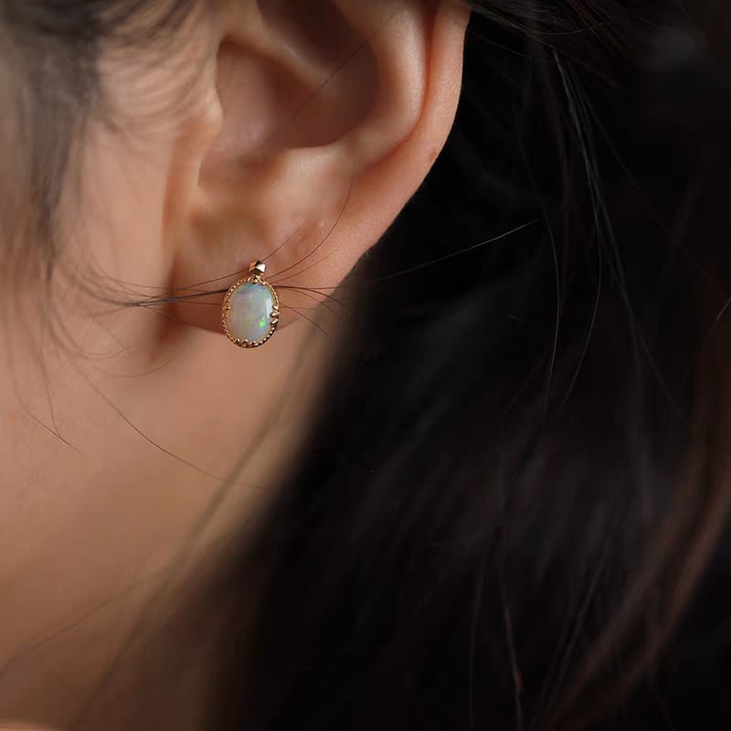 18K Gold Natural Crystal Opal Stud Earrings - 9