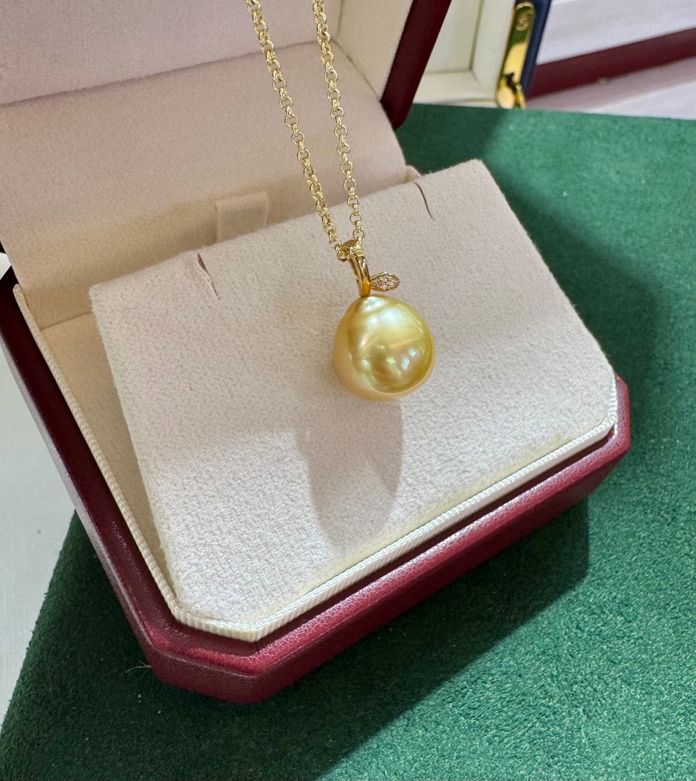 18K Gold South Sea Gold Pearl Pendant with Diamonds, 12-13mm - 4