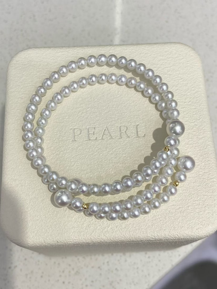 Elastic Steel Bangle with 3-4mm and 6-7mm Aurora Freshwater Pearls and 18K Gold Accents - 4