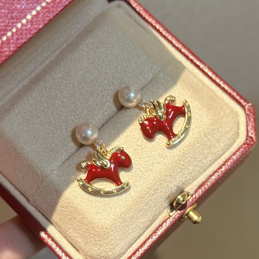 Redwood Horse Stud Earrings with 6-7mm Freshwater Pearls, 14K Gold Red Enamel Accents - 2