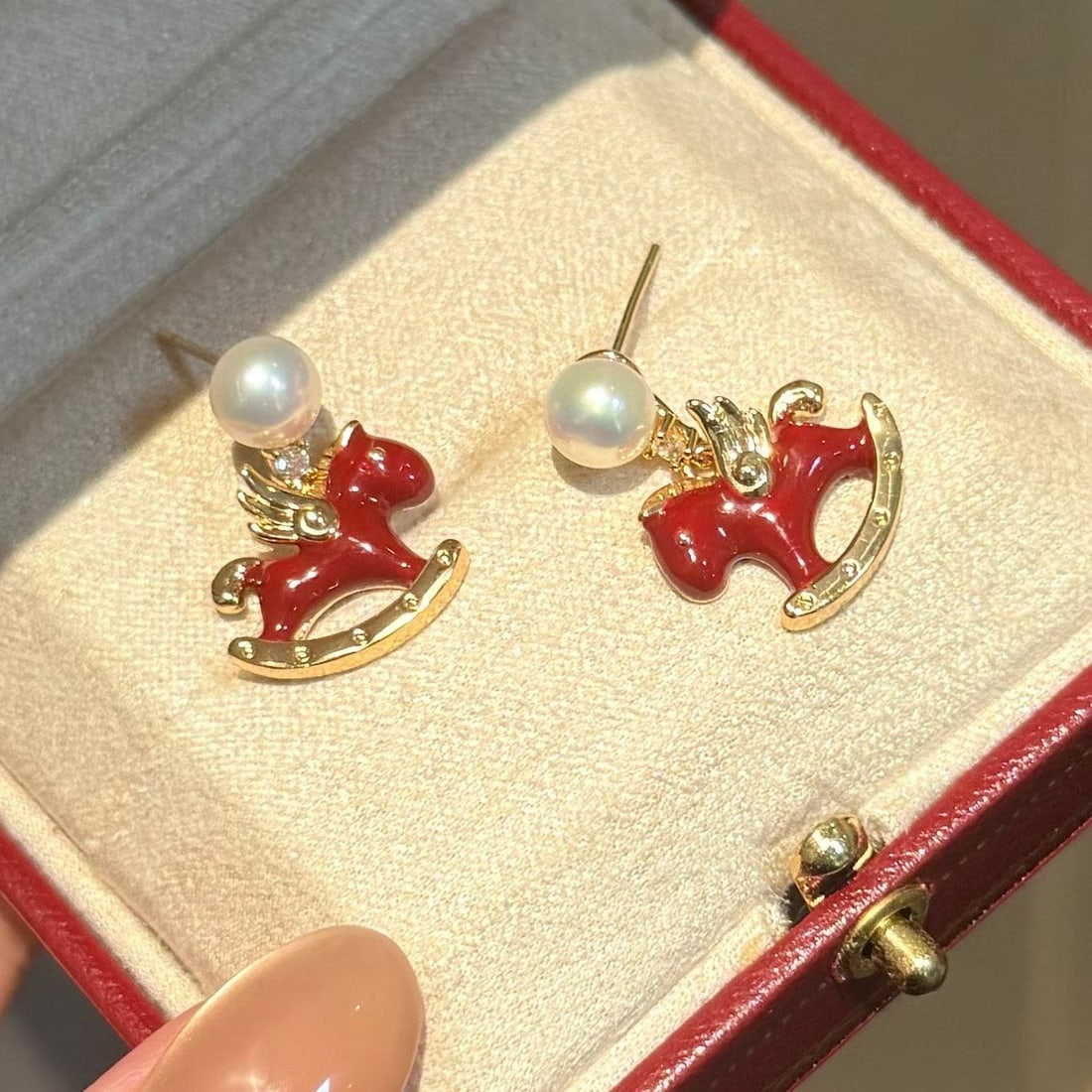 Redwood Horse Stud Earrings with 6-7mm Freshwater Pearls, 14K Gold Red Enamel Accents - 3