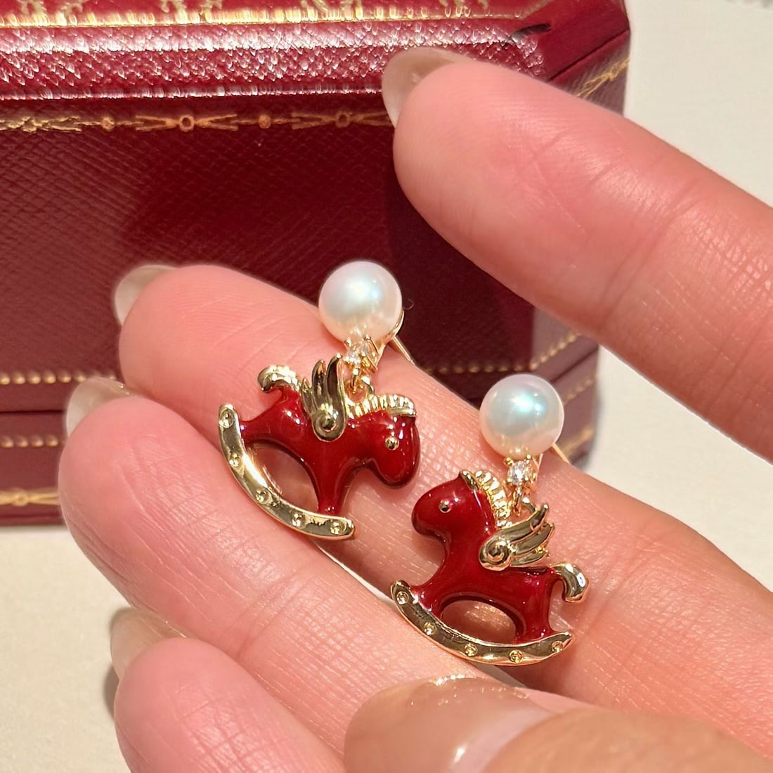 Redwood Horse Stud Earrings with 6-7mm Freshwater Pearls, 14K Gold Red Enamel Accents - 4