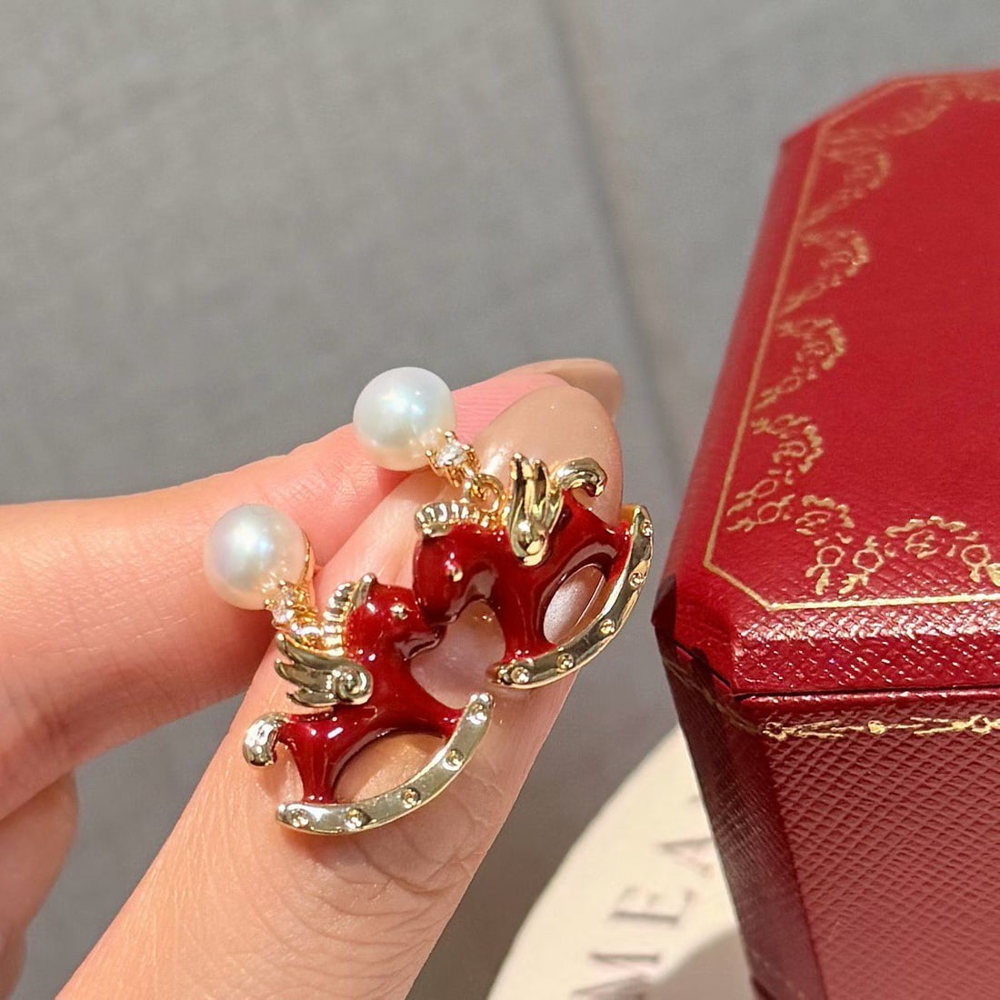 Redwood Horse Stud Earrings with 6-7mm Freshwater Pearls, 14K Gold Red Enamel Accents - 5