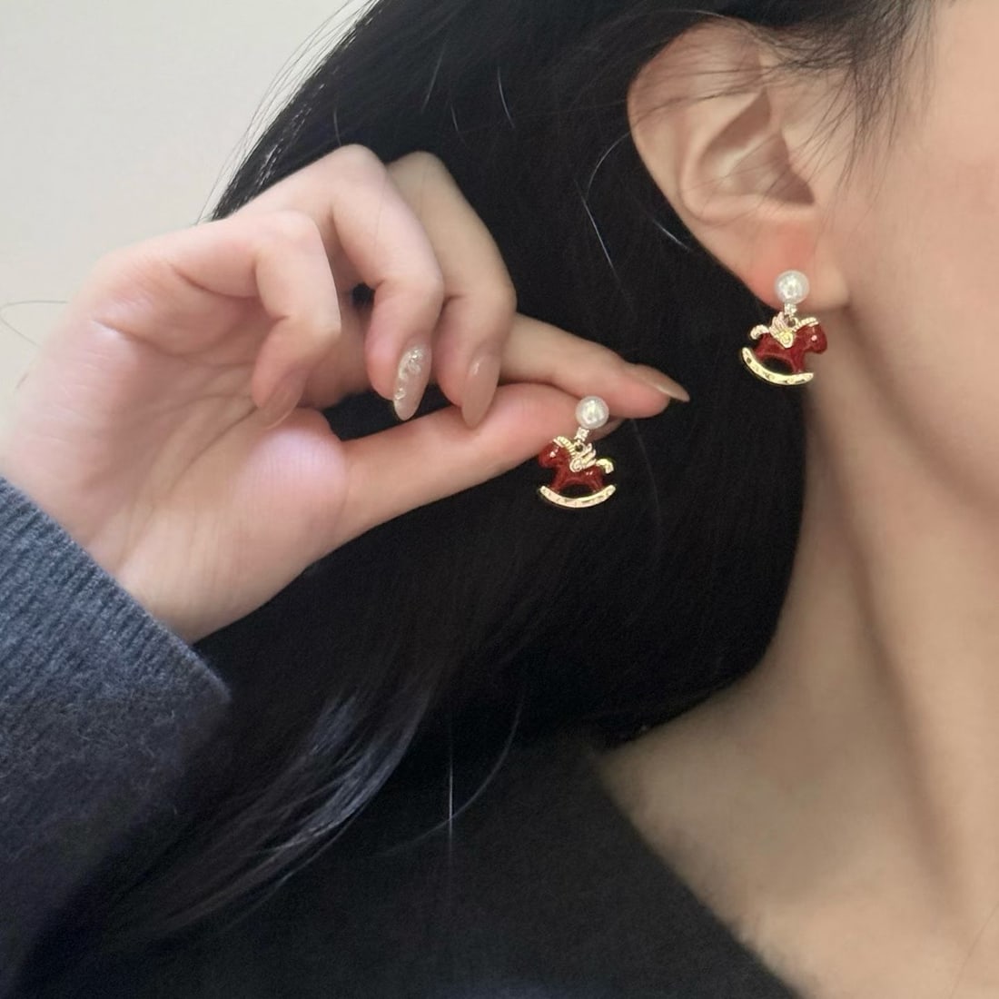 Redwood Horse Stud Earrings with 6-7mm Freshwater Pearls, 14K Gold Red Enamel Accents - 6