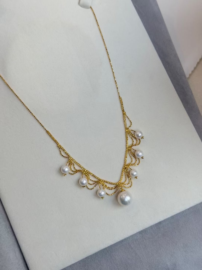 Lace Princess-Style Necklace with 5-6mm and 10-11mm Freshwater Pearls, S925 Silver - 2