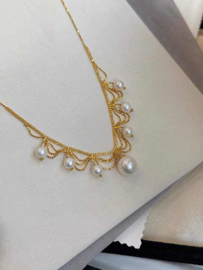 Lace Princess-Style Necklace with 5-6mm and 10-11mm Freshwater Pearls, S925 Silver - 4