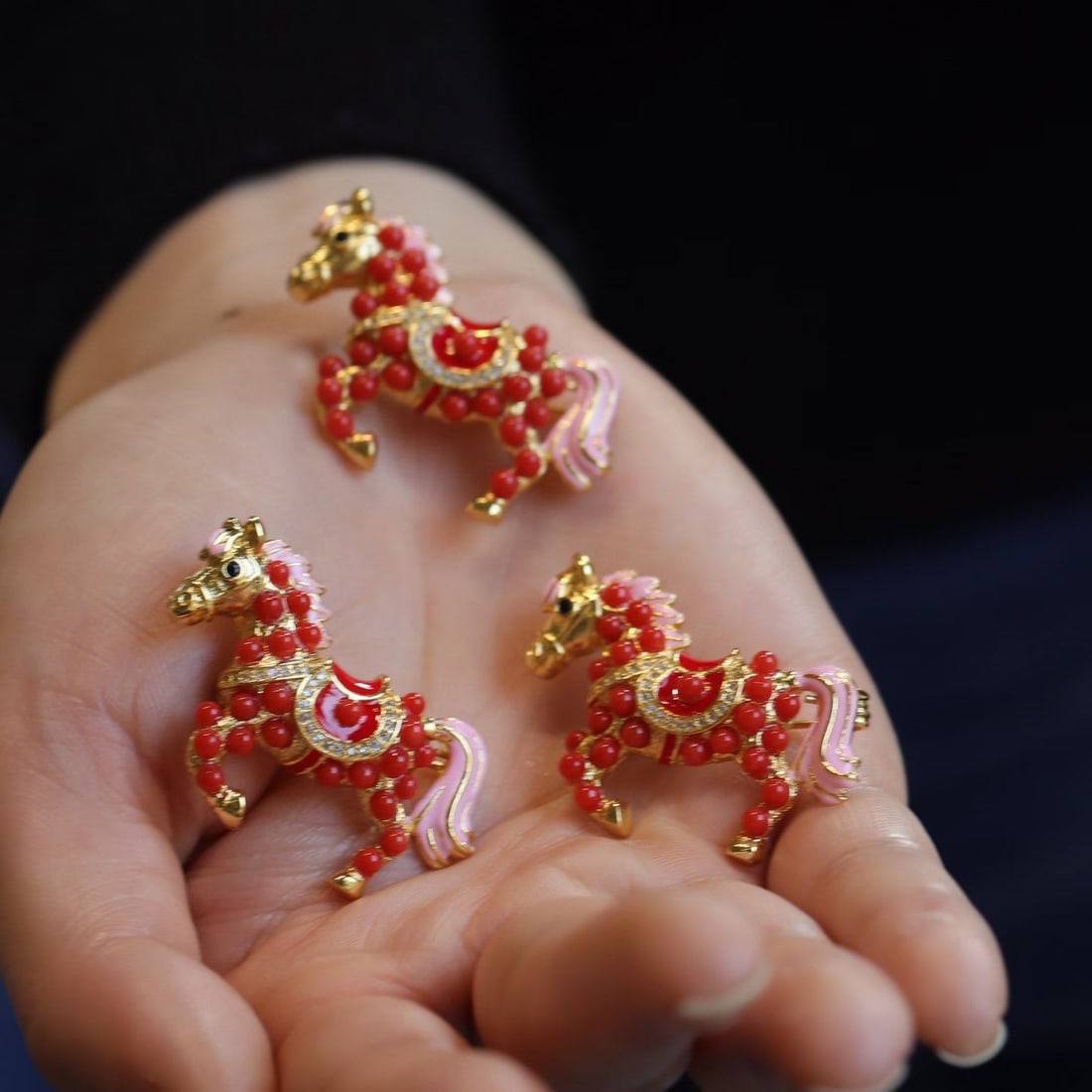 Natural Red Coral Horse Brooch with Gilded and Pink Enamel Accents - 2