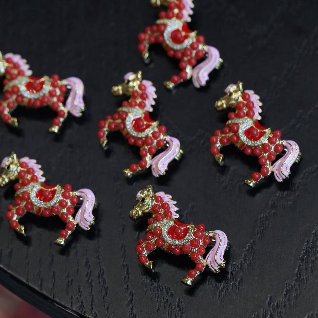 Natural Red Coral Horse Brooch with Gilded and Pink Enamel Accents - 3