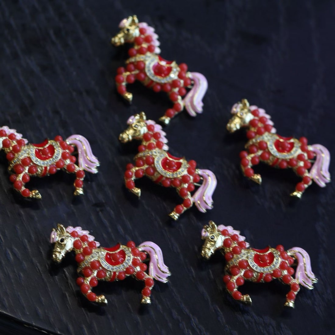 Natural Red Coral Horse Brooch with Gilded and Pink Enamel Accents - 4