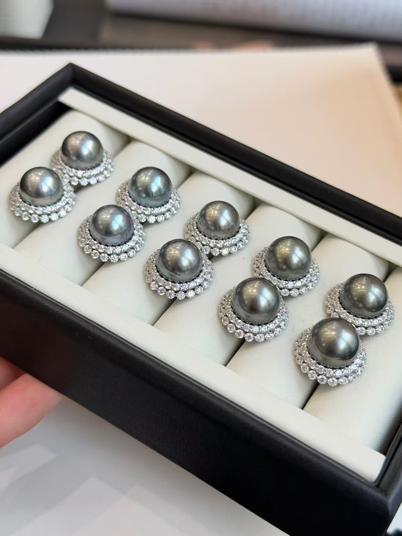 11-12mm South Sea Tahitian Pearl Stud Earrings, S925 Silver with Gold Accents - 2