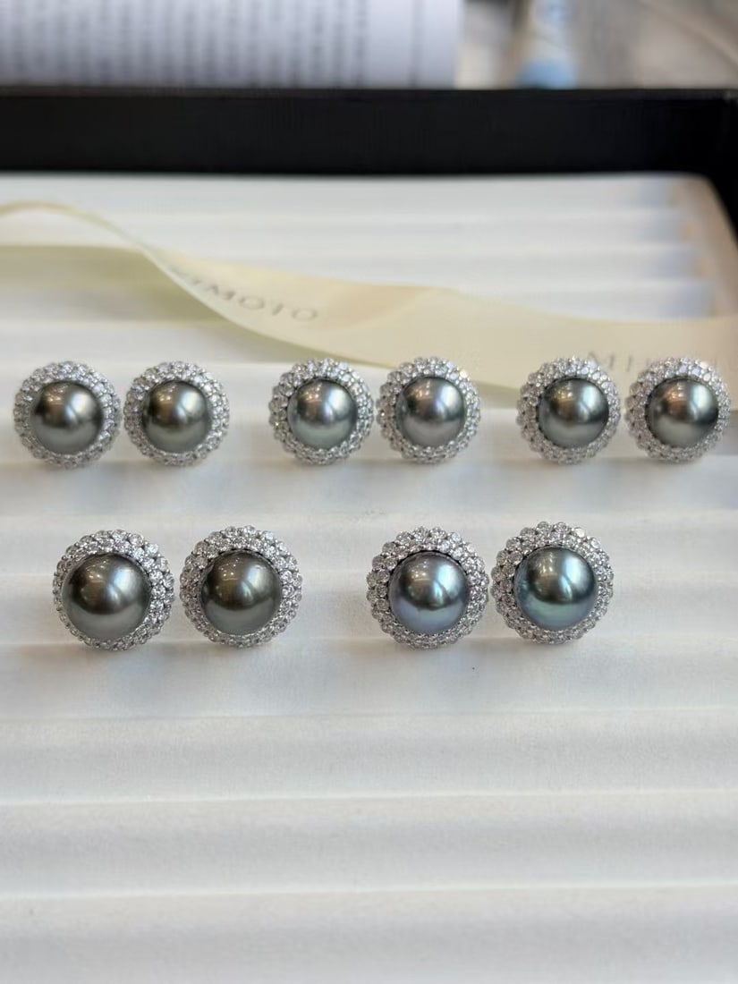 11-12mm South Sea Tahitian Pearl Stud Earrings, S925 Silver with Gold Accents - 3