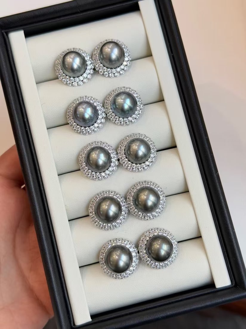 11-12mm South Sea Tahitian Pearl Stud Earrings, S925 Silver with Gold Accents - 4