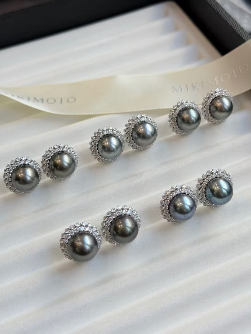 11-12mm South Sea Tahitian Pearl Stud Earrings, S925 Silver with Gold Accents - 5