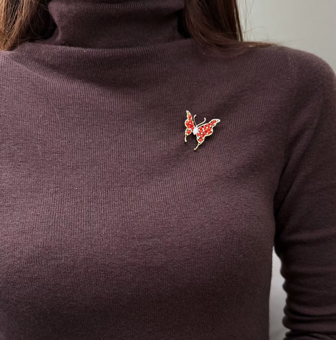 Natural Red Coral Butterfly Brooch, Fashion Design - 5