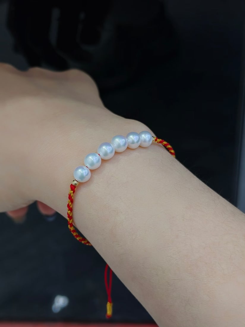 Red Cord Bracelet with 6-7mm Natural Freshwater Pearls - 3