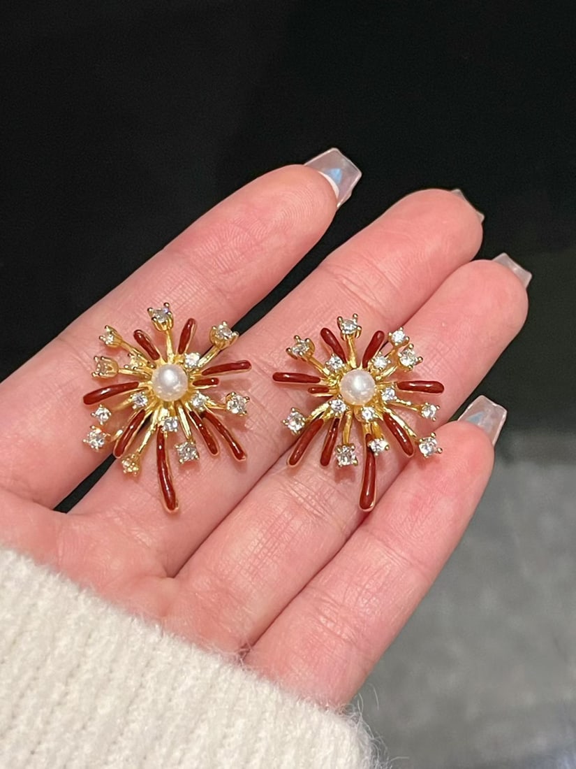 Firework Pearl Stud Earrings with Red Enamel and 5mm Natural Freshwater Pearls - 2