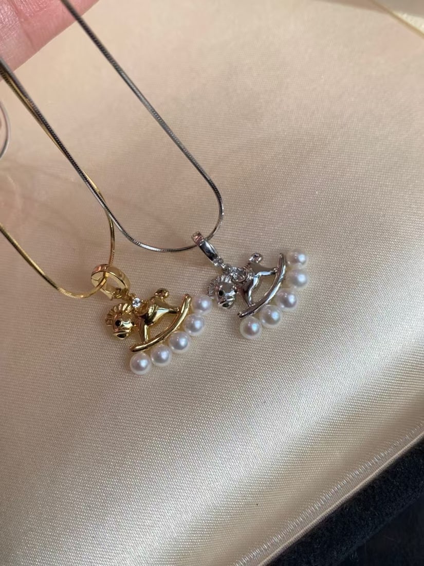 Silver Snake Chain Pony Necklace with 3-4mm Freshwater Pearls - 2