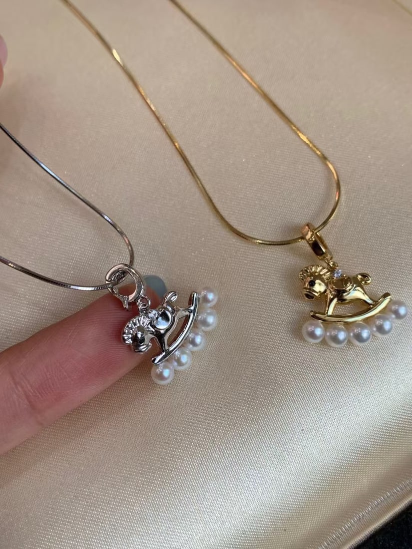 Silver Snake Chain Pony Necklace with 3-4mm Freshwater Pearls - 4