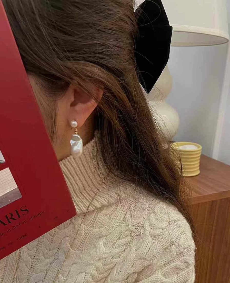 Baroque Pearl Earrings with 14+mm Natural Pearls, Sterling Silver - 2