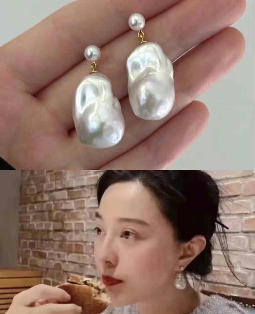 Baroque Pearl Earrings with 14+mm Natural Pearls, Sterling Silver - 3