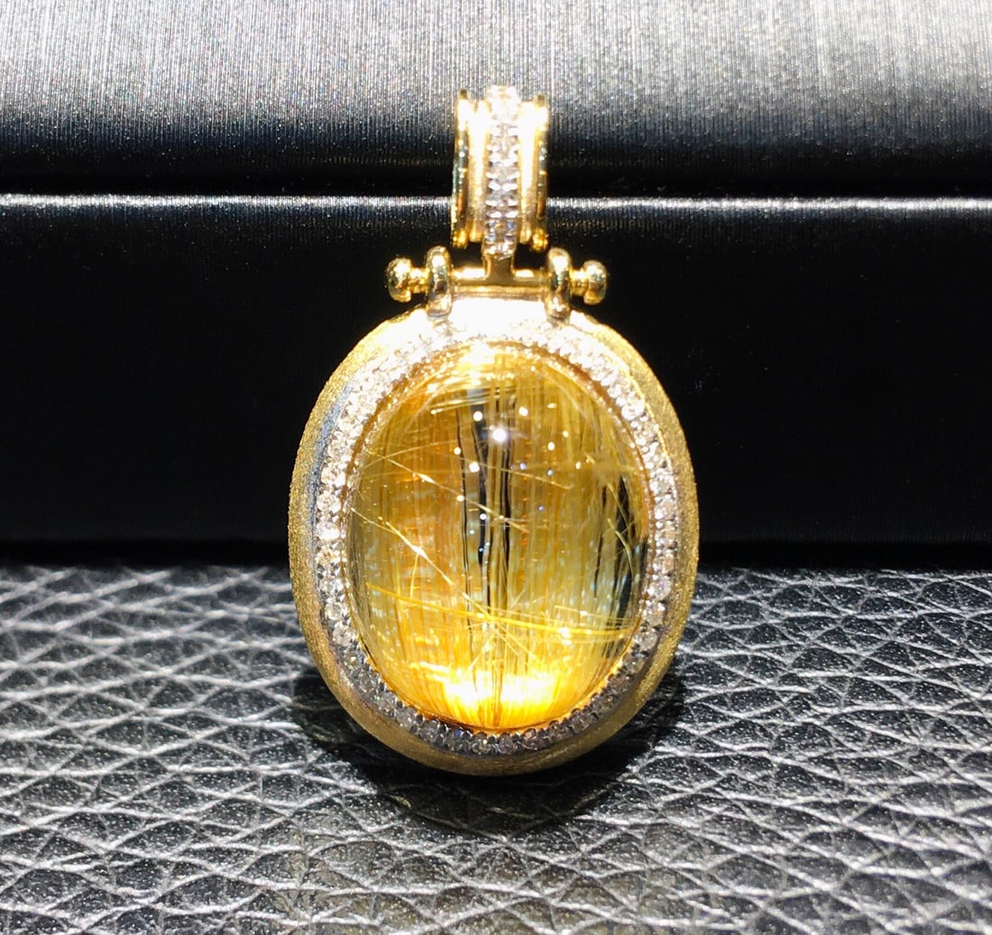 Natural Titanium Crystal Pendant with 18K Gold and Diamond Inlay, 24.7x14.8mm (1 of 8)