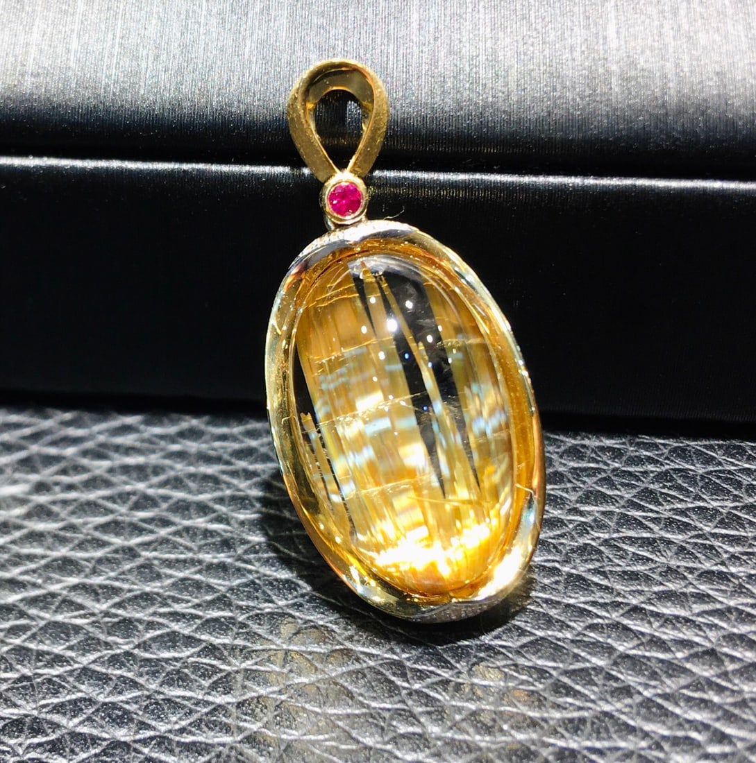 Natural Titanium Crystal Pendant with 18K Gold and Diamond Inlay, 29x13.3mm - 5