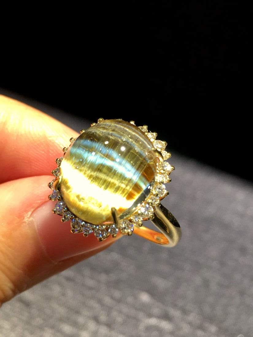 Natural Titanium Crystal Ring with 18K Gold and Diamond Inlay, 17x15mm - 2