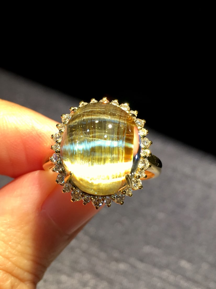 Natural Titanium Crystal Ring with 18K Gold and Diamond Inlay, 17x15mm - 3