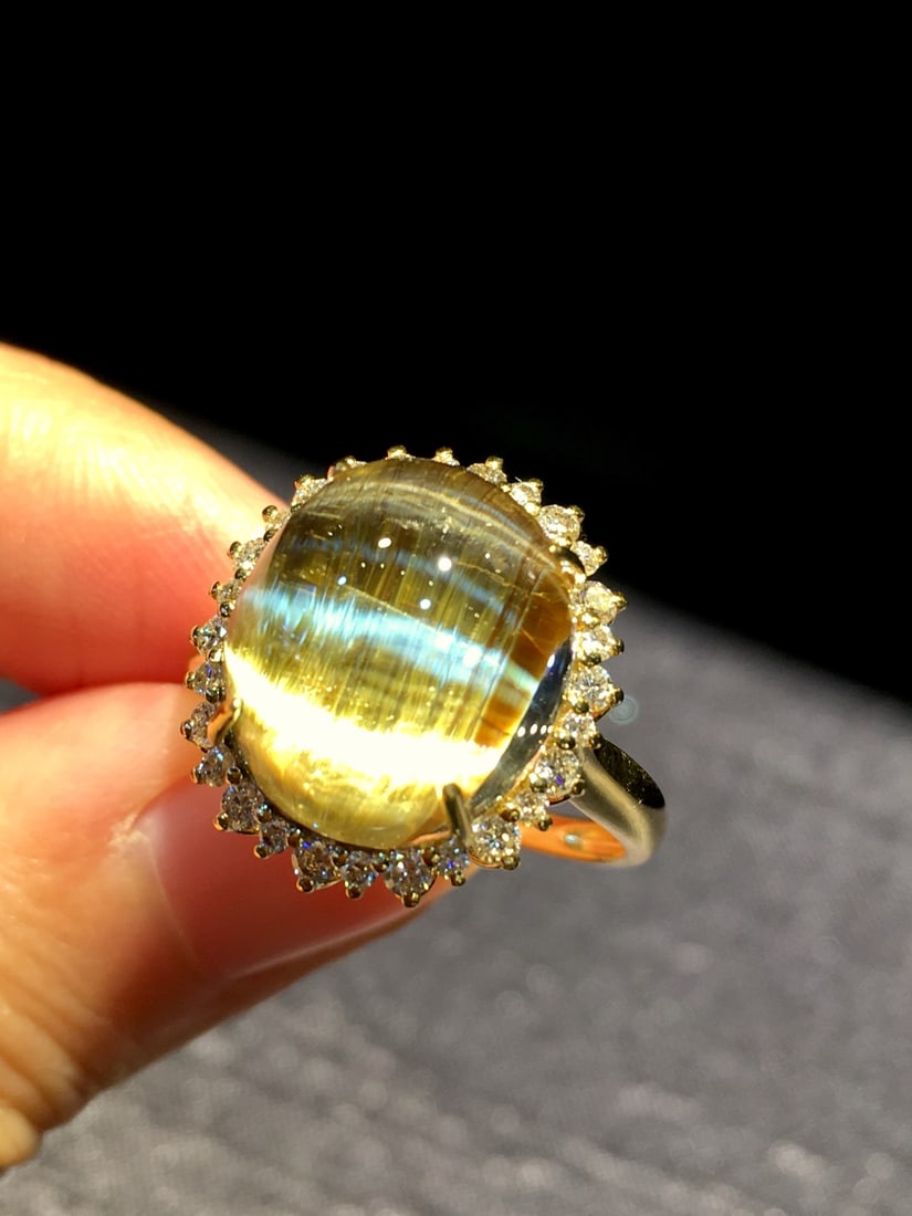 Natural Titanium Crystal Ring with 18K Gold and Diamond Inlay, 17x15mm - 5