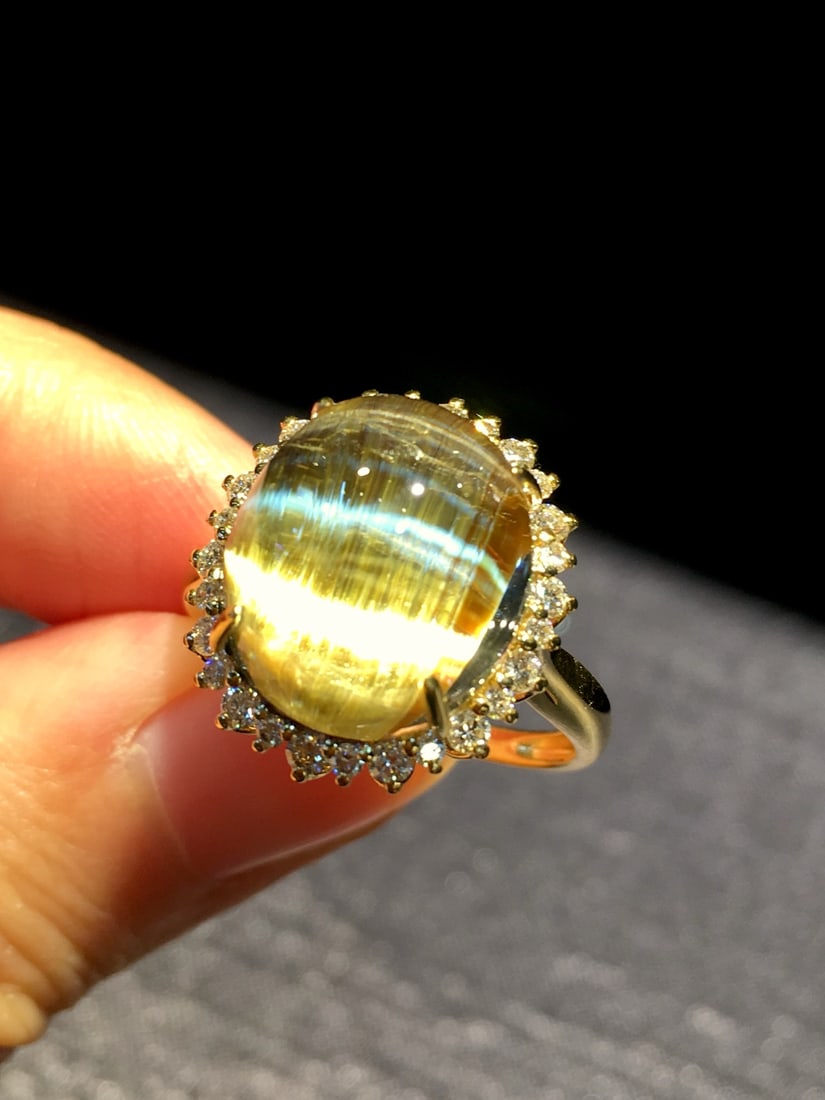 Natural Titanium Crystal Ring with 18K Gold and Diamond Inlay, 17x15mm - 6