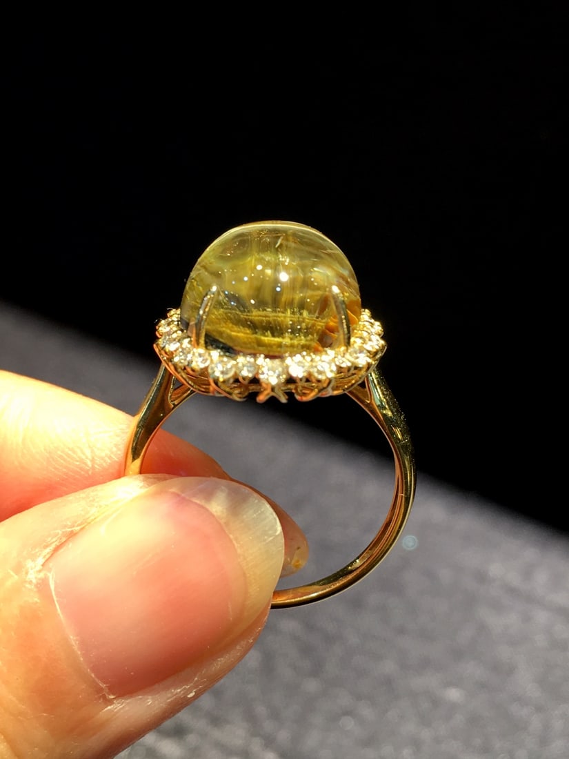 Natural Titanium Crystal Ring with 18K Gold and Diamond Inlay, 17x15mm - 7