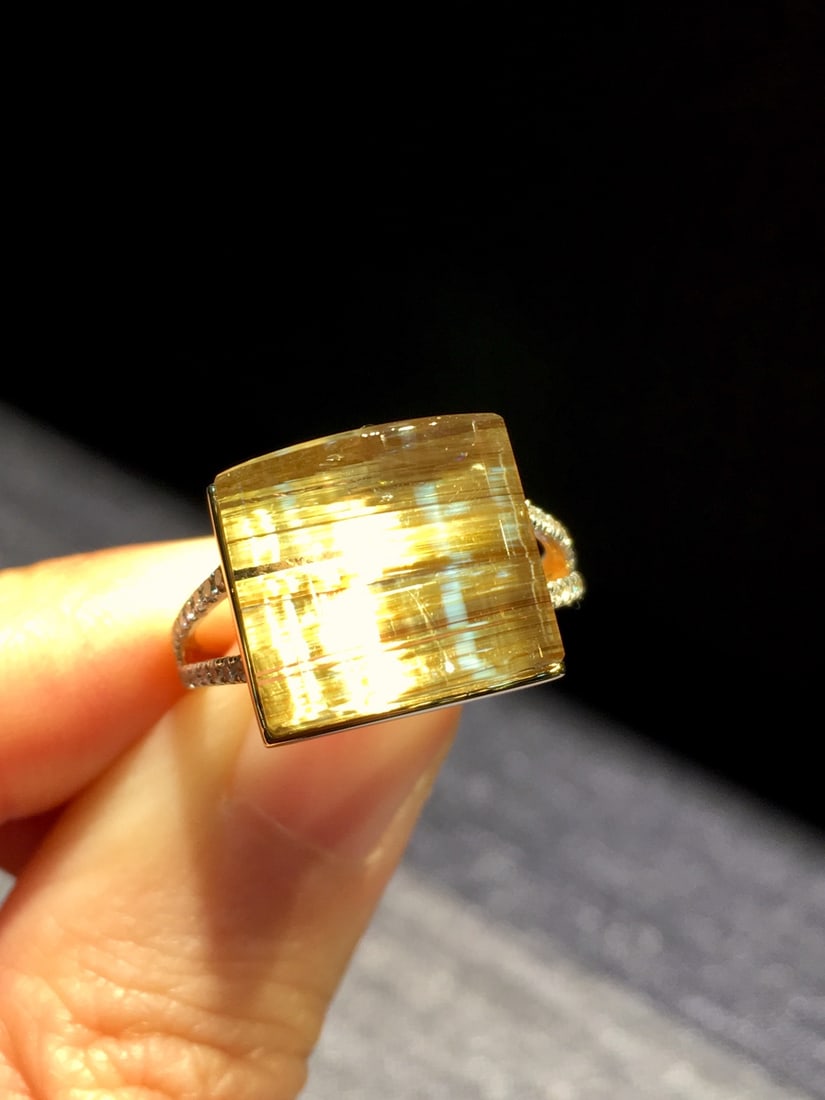 Natural Titanium Crystal Square Ring with 18K Gold and Diamond Inlay, 13x12mm - 2