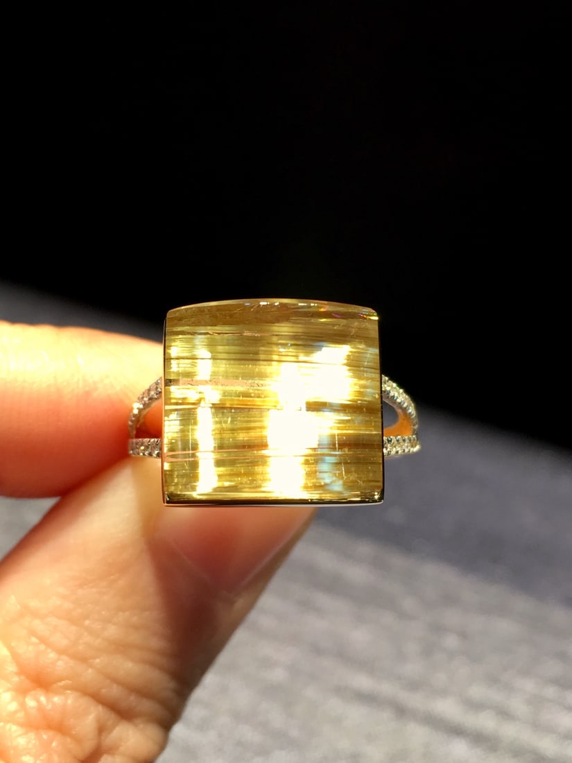 Natural Titanium Crystal Square Ring with 18K Gold and Diamond Inlay, 13x12mm - 3