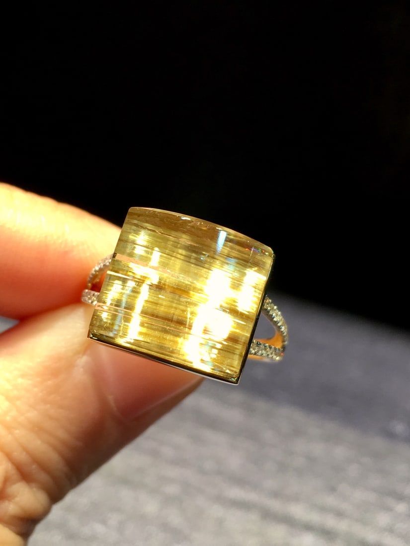 Natural Titanium Crystal Square Ring with 18K Gold and Diamond Inlay, 13x12mm - 4