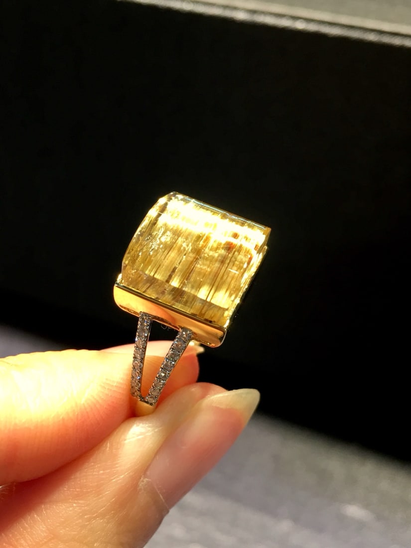 Natural Titanium Crystal Square Ring with 18K Gold and Diamond Inlay, 13x12mm - 5