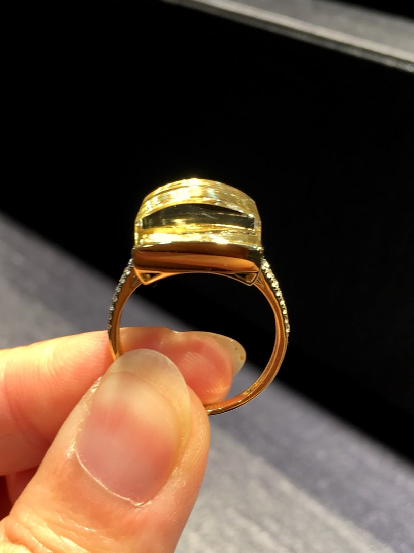 Natural Titanium Crystal Square Ring with 18K Gold and Diamond Inlay, 13x12mm - 6