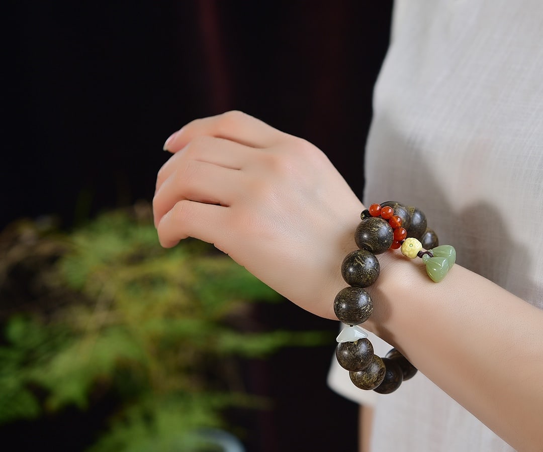 Natural Agarwood Bead Bracelet with Hetian Jade, Red Agate, and Gold Jade Carvings, 18mm Beads, - 6